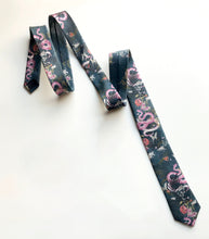 Load image into Gallery viewer, Navy Blue Silk Tie, &#39;Enticement&#39; Pink Serpent design and tropical flowers, perfect groomsmen tie