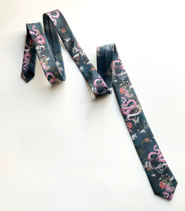 Navy Blue Silk Tie, 'Enticement' Pink Serpent design and tropical flowers