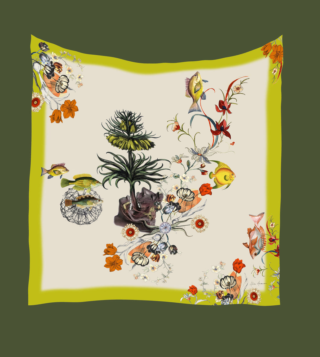 Lime green large square Silk Scarf, 'Tropic Silk' botanical illustration luxury accessory