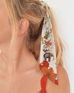 Cream 'Skinny' Silk scarf in the botanical  'Evolution' Print, delicate, lightweight Twilly style scarf accessory