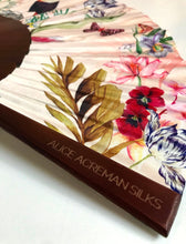 Load image into Gallery viewer, Floral Silk Fan with Toucan design and luxurious Gold tassel, part of the Mysa Collection