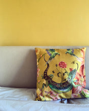 Load image into Gallery viewer, Large Yellow Cushion &#39;Reptila&#39; with watercolour lizard design in Vegan friendly Suede