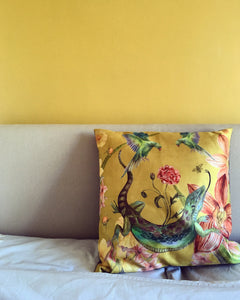 Large Yellow Cushion 'Reptila' with watercolour lizard design in Vegan friendly Suede