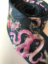 Load image into Gallery viewer, Navy Blue Silk Tie, &#39;Enticement&#39; Pink Serpent design and tropical flowers