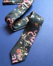 Load image into Gallery viewer, Navy Blue Silk Tie, &#39;Enticement&#39; Pink Serpent design and tropical flowers, perfect groomsmen tie