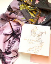 Load image into Gallery viewer, Lilac Silk Scarf with monkey illustration  &quot;Capuchin Silk&quot; Hand-painted, long Silk scarf from the Enticement Collection