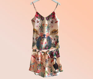 Silk Pyjamas- Set Cami and Shorts in 'Eden' Tropical Meadow Print, luxury lounge wear