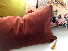 Load image into Gallery viewer, Velvet Cushion &#39;Flow&#39; in Rust colour with gold tassels, rectangular shape and feather filling