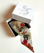 Load image into Gallery viewer, Cream &#39;Skinny&#39; Silk scarf in the botanical  &#39;Evolution&#39; Print, delicate, lightweight Twilly style scarf accessory