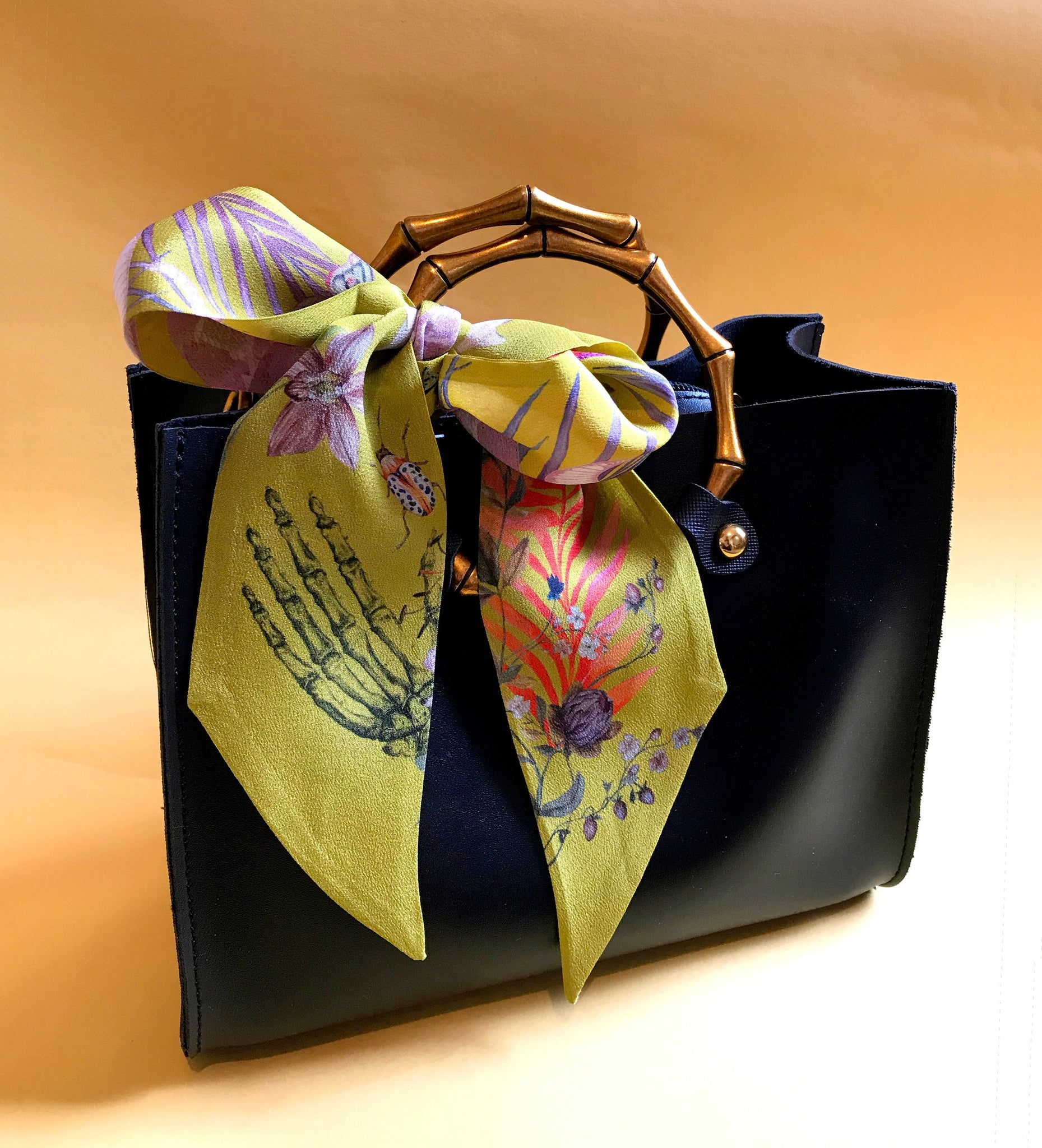Golden Yellow 'Skinny' Silk scarf in the botanical 'Enticement' Print, –  Alice Acreman Silks