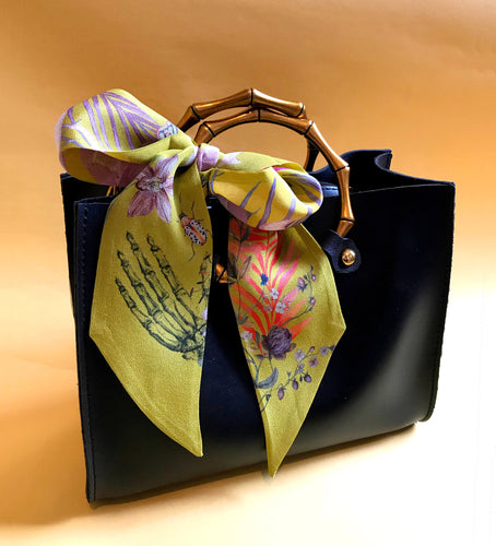 Golden Yellow 'Skinny' Silk scarf in the botanical  'Enticement' Print, delicate, lightweight scarf accessory
