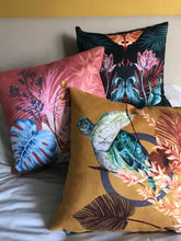 Load image into Gallery viewer, Golden Yellow cushion &#39;Glide&#39; Vegan friendly Suede cushion with watercolour turtle design