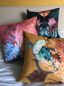 Golden Yellow cushion 'Glide' Vegan friendly Suede cushion with watercolour turtle design