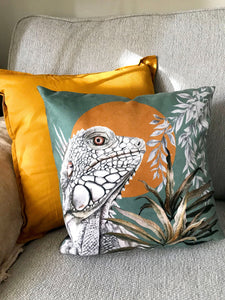 Sage Green Cushion with golden yellow reptile illustration, 'Bask' design made from soft Vegan friendly suede fabric