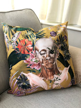 Load image into Gallery viewer, Large Yellow Cushion with striking Watercolour skull design &#39;Boto Cushion&#39; in Vegan friendly Suede