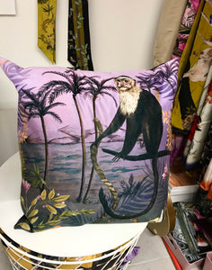 Lilac Vegan Suede Cushion with Capuchin monkey illustration