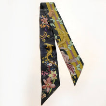 Load image into Gallery viewer, Dark Grey &#39;Skinny Silk&#39; scarf in the botanical  &#39;Cardiac&#39; Print, delicate, lightweight Twilly style scarf accessory