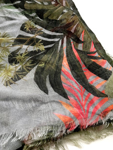 Tropical print "Entwined" Silk mix scarf with feathered hem