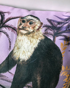 Lilac Vegan Suede Cushion with Capuchin monkey illustration