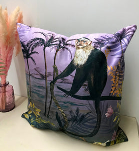 Lilac Vegan Suede Cushion with Capuchin monkey illustration