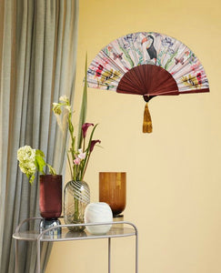 Floral Silk Fan with Toucan design and luxurious Gold tassel, part of the Mysa Collection
