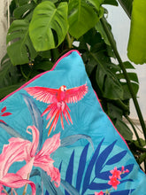 Load image into Gallery viewer, Terquoise tropical watercolour art Cushion &#39;Jungala&#39; double sided design, made from Vegan friendly Suede