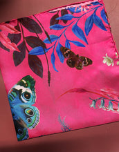 Load image into Gallery viewer, Fuchsia Pink Silk pocket square &#39;Nectar&#39; print with butterfly and floral pattern