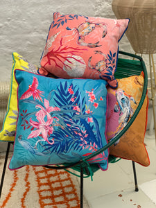 Terquoise tropical watercolour art Cushion 'Jungala' double sided design, made from Vegan friendly Suede