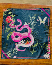 Load image into Gallery viewer, Dark blue Luxury Silk Pocket Square &#39;Enticement&#39; print with pink snake