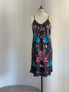 Butterfly 'Nectar' print silk slip dress with crystals and mushrooms Small