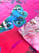 Load image into Gallery viewer, Fuchsia Pink Silk pocket square &#39;Nectar&#39; print with butterfly and floral pattern
