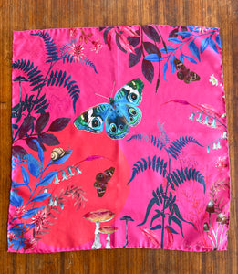 Fuchsia Pink Silk pocket square 'Nectar' print with butterfly and floral pattern