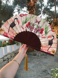 Floral Silk Fan with Toucan design and luxurious Gold tassel, part of the Mysa Collection