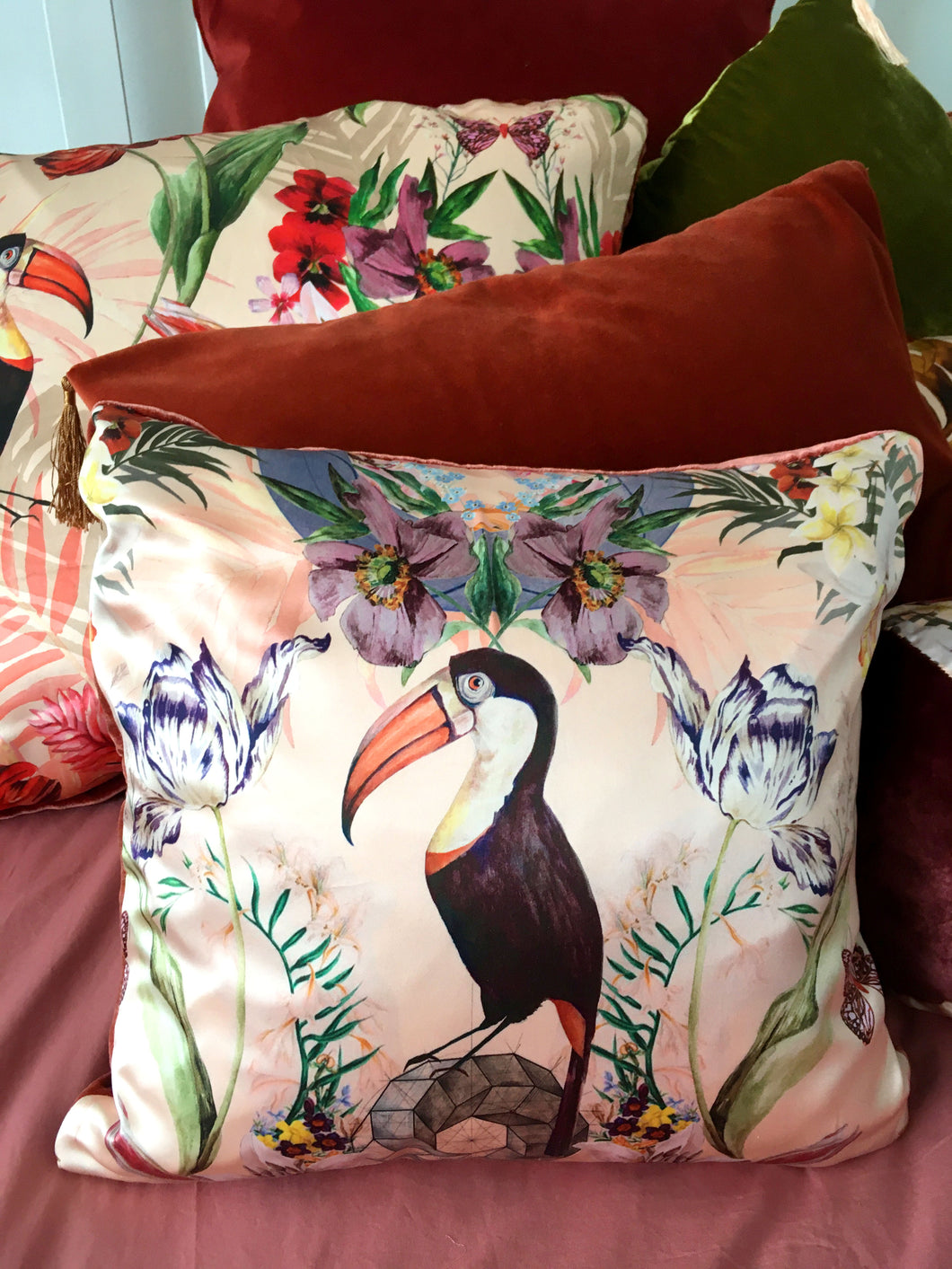 Pink Silk Satin and Velvet Silk Cushion 'Joy' square cushion with tropical print
