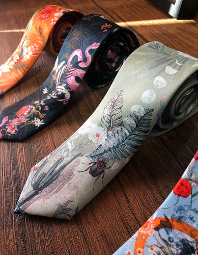 Sage Green Silk Tie, 'Mirage' Men's Luxury Tie in Sage Green with Scorpion illustration by Alice Acreman silks