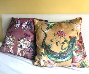 Yellow floral Cushion 'Reptila' with birds and lizard design, square cushion made from Vegan Suede