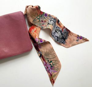 Peach botanical 'Panthera' Silk scarf, delicate, lightweight Twilly style scarf accessory with animal print texture