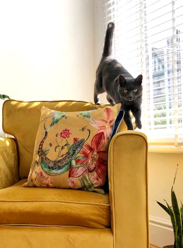 Yellow floral Cushion 'Reptila' with birds and lizard design, square cushion made from Vegan Suede