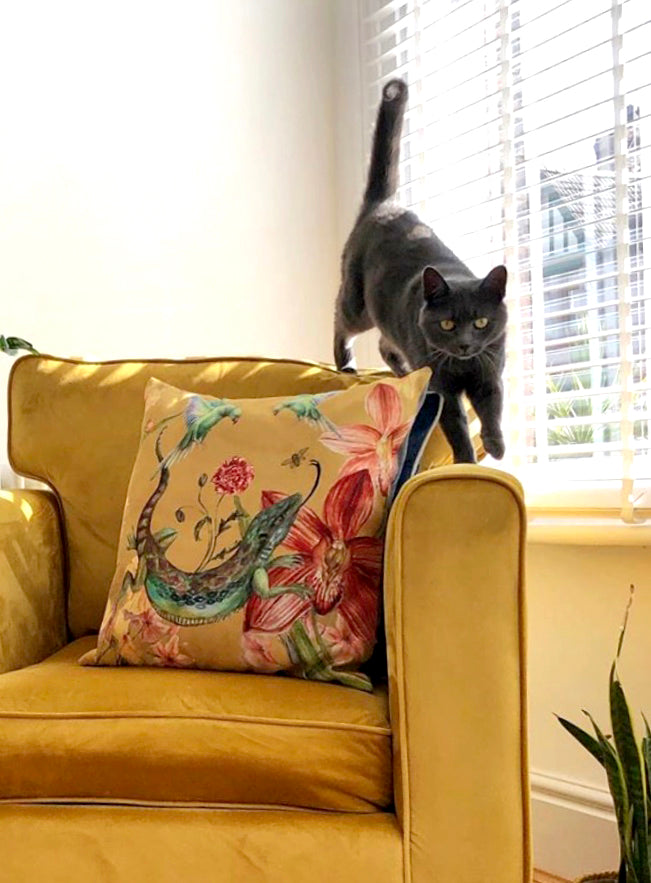 Yellow floral Cushion 'Reptila' with birds and lizard design, square cushion made from Vegan Suede