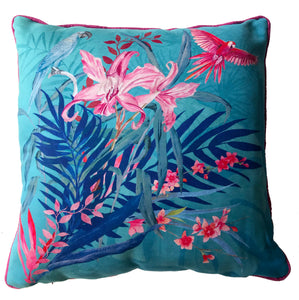 Terquoise tropical watercolour art Cushion 'Jungala' double sided design, made from Vegan friendly Suede