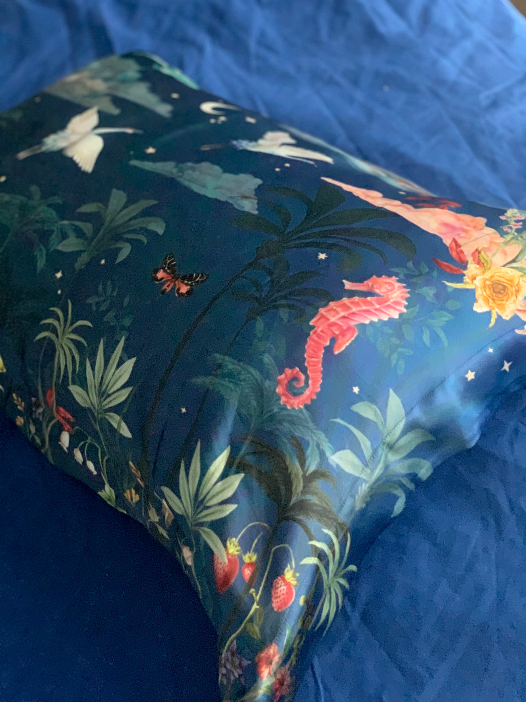 Blue Silk Pillowcase in hand painted 'Wonderous' print, Oxford Pillowcase