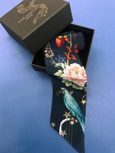 Load image into Gallery viewer, Navy &#39;Skinny&#39; Silk scarf in the botanical  &#39;Wonderous&#39; Print, delicate, lightweight scarf accessory