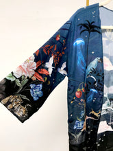 Load image into Gallery viewer, Silk Kimono Jacket in blue ‘Wonderous’ print for luxury lounging or evening wear