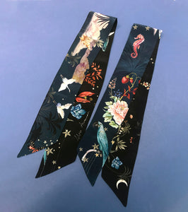 Navy 'Skinny' Silk scarf in the botanical  'Wonderous' Print, delicate, lightweight scarf accessory