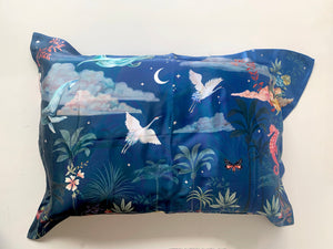 Blue Silk Pillowcase in hand painted 'Wonderous' print, Oxford Pillowcase